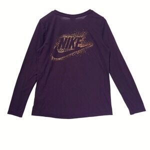 Nike Gold Swoosh T Shirt‎ Womens M Long Sleeve Glitter Sparkle Dark Purple Tee